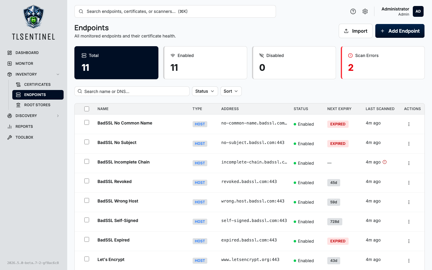 Endpoints — every monitored deployment, with status and next expiry